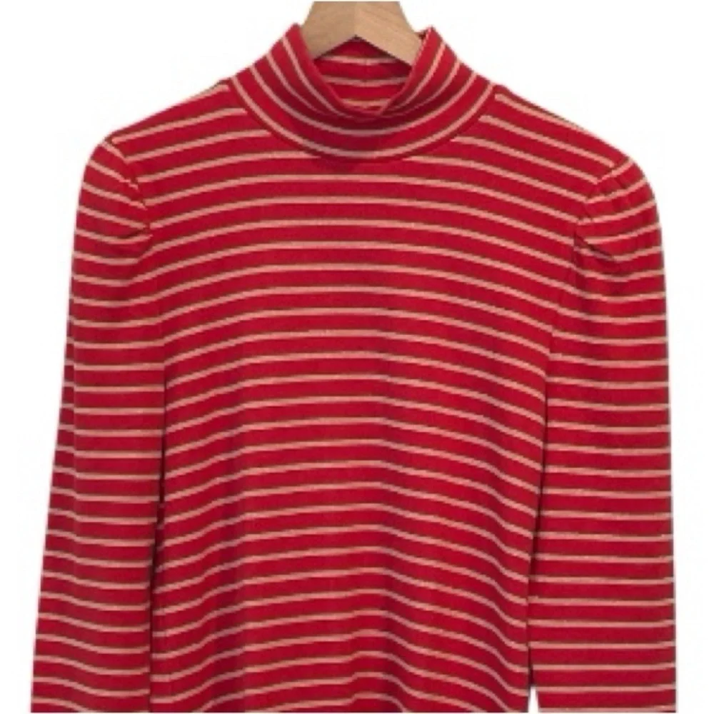 NWT J. Crew Red Puff Sleeve Turtleneck With Metallic Gold Stripes, Size XL